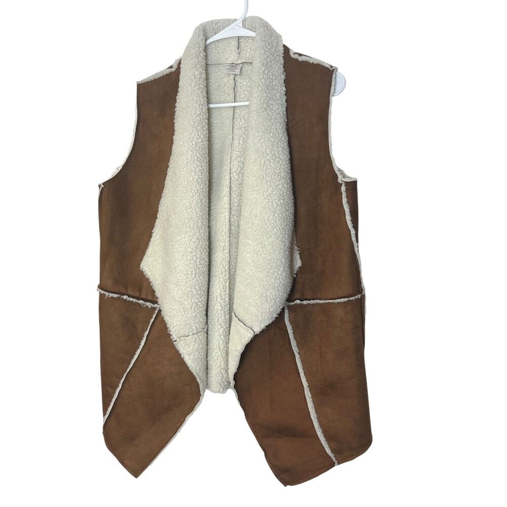 Faux Suede Sherpa Vest Womens Small Brown Sleeveless Drape Open Front